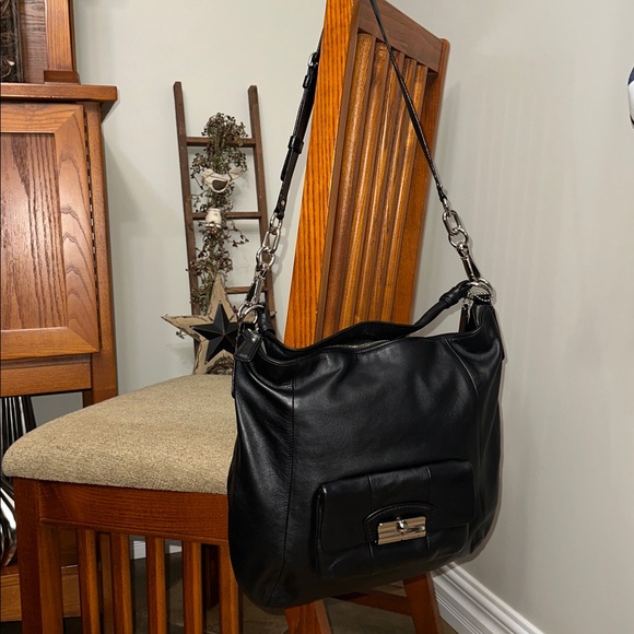 ⭐️#14769 Coach Kristin Black Leather Hobo Bag Silver Hardware Blue Interior - Picture 8 of 13